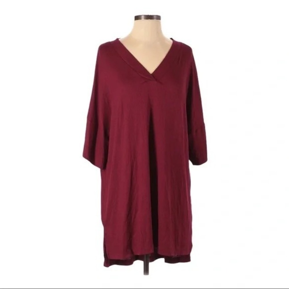 GO Couture Burgundy V-Neck Ribbed Top‎ Short Sleeve Tunic Made in USA Small